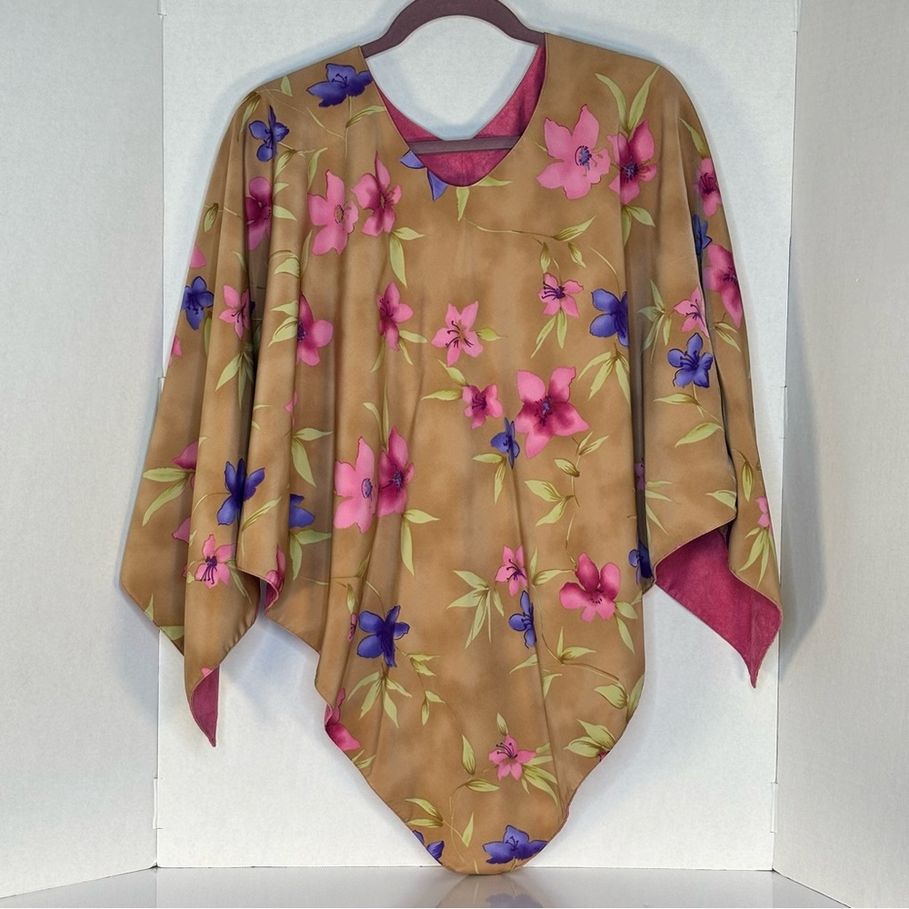Floral Reversible Poncho/ Cape  in Tan with Pink & Purple Flowers